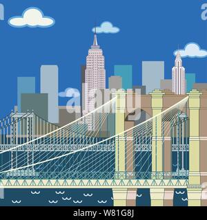 View of New York from the East River. Two bridges are in the foreground. Tall buildings rise up from the city Stock Vector