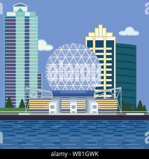 Geodesic dome building structure that sits by the water. Tall office and condominium buildings rise up from behind with trees and grass and the mounta Stock Vector