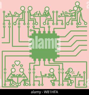 People in the form of circuits  in various modes of electronic communication in a coffee shop setting Stock Vector
