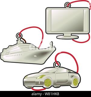 Travel charms including a ty a cruise ship & a sports car all in silver colors with a red string running through a loop on the top Stock Vector