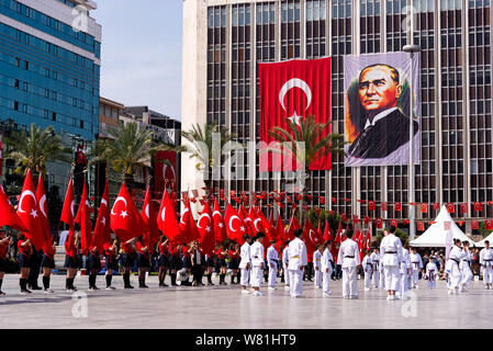 Izmir, Turkey - May 19 , 2019:  Karate Performance of children Celebrations of the 19 May 2019 Memoriam of Mustafa Kemal Ataturk, Youth and Sports Fes Stock Photo