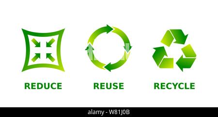 Reduce, reuse, recycle sign set. Three different green gradient recycle,  reduce, reuse icons. Ecology, sustainability, conscious consumerism, renew,  concept. Vector illustration, flat style, clip art. Stock Vector