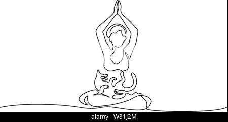 Continuous one line drawing. Woman sitting cross legged meditating, cat sleeping in her lap. Vector illustration Stock Vector