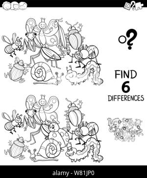 Black and White Cartoon Illustration of Finding Six Differences Between Pictures Educational Game for Children with Insects Animal Characters Coloring Stock Vector