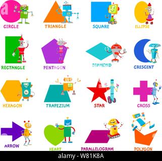 Educational Cartoon Illustration of Basic Geometric Shapes with Captions and Robots Fantasy Characters for Children Stock Vector