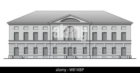 Grayscale classic facade of antique building. Historic house in linear style Stock Vector