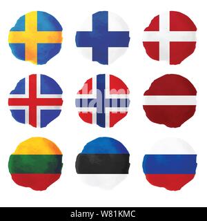 Set of european watercolor flags, nine vector icons Stock Vector