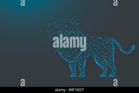 Lion low poly design, African animal abstract geometric image, wild cat wireframe mesh polygonal vector illustration made from points and lines on dar Stock Vector