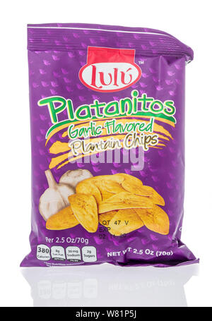 Winneconne, WI - 12 June 2019 : A package of Lulu platanitos garlic flavored plantain chips on an isolated background Stock Photo