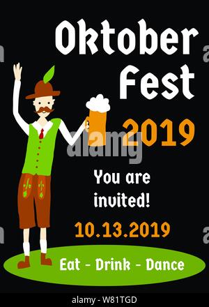 Oktoberfest party invitation flyer design template. Vector illustration. Beer festival party poster. With man in traditional Oktoberfest Lederhosen Stock Vector