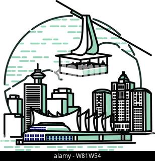Canada place in Vancouver surrounded by water tall buildings towers with a sky tram vverthe city Stock Vector