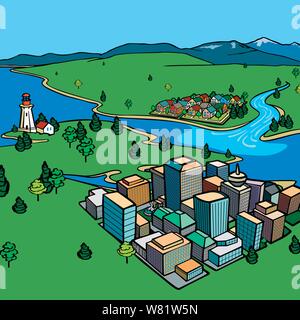 Eco city alongside natural resourses surrounded by mountains & trees with a lighthouse & suburb in the distance Stock Vector