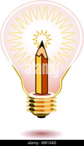 Shining pencil inside a light bulb illustrating  bright, & creative Stock Vector