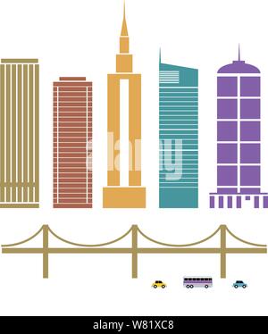 Five generic buildings, a suspension bridge, a taxi, bus and car represented as simple graphics. Stock Vector