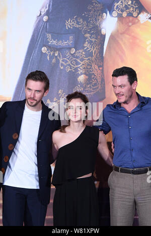 (From left) English actor Daniel Jonathan 'Dan' Stevens, British actress Emma Watson and Welsh actor Luke Evans attend a press conference for their ne Stock Photo