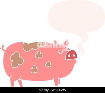 cartoon pig with speech bubble in retro style Stock Vector