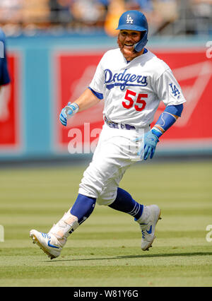 Los Angeles, USA. August 7, 2019: Los Angeles Dodgers catcher Russell Martin (55) celebrates after hitting single to score 2 runs in the bottom of the ninth between the St. Louis Cardinals and the Los Angeles Dodgers at Dodger Stadium. Michael Cazares/Cal Sport Media Credit: Cal Sport Media/Alamy Live News Stock Photo