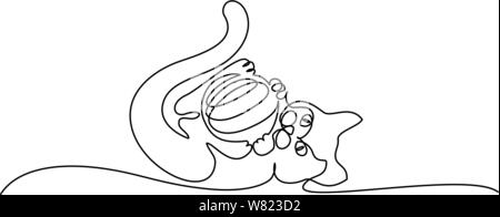 Continuous one line drawing. Cat playing with ball of yarn, laying on back and slightly curled like ball. Vector illustration Stock Vector