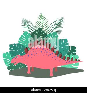 Cute, cartoon dinosaur stegosaurus on the background of bushes of tropical palm leaves. Vector illustration Stock Vector