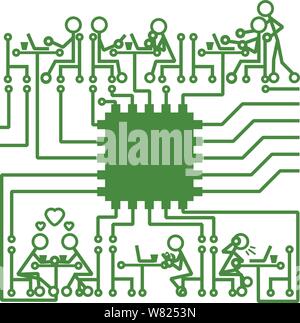 People in the form of circuits  in various modes of electronic communication in a coffee shop setting Stock Vector