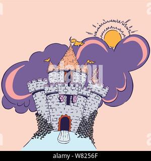 Damsel in Distress standing in a turret with ominous dark clouds covering the sun behind her. Stock Vector