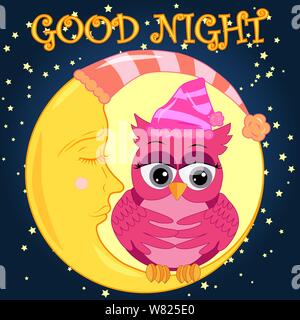 A sweet cartoon pink owl in a sleeping cap relaxes sitting on a sleeping sickle of the moon among a dark night sky and stars Stock Vector