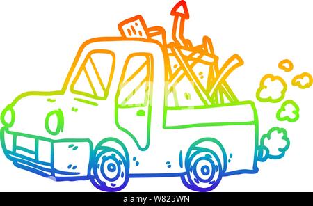 rainbow gradient line drawing of a old truck full of junk Stock Vector