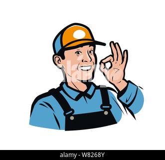 Smiling worker gesture ok. Service, repair, delivery logo. Vector illustration Stock Vector