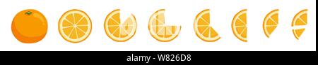 Vitamin C. Set of vector isolated elements. Bright fresh ripe juicy whole and cut orange and slices isolated on white background. Clip art for your Stock Vector