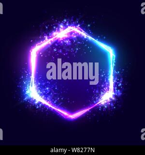Neon hexagon frame pink violet color on dark blue. Stock Vector