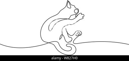 Continuous one line drawing. Cat sitting and cleaning paw. Vector illustration Stock Vector