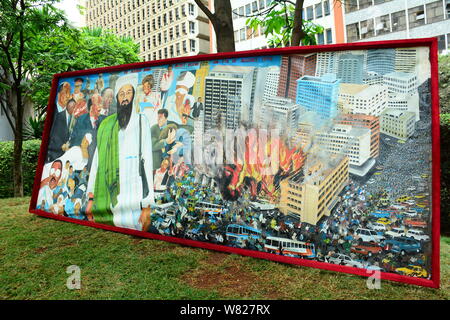 A painting of the August 7th 1998 bomb blast scene is seen displayed at the August 7th Memorial Park.The park sits at the scene of 1998 US Embassy bombing that left 213 people dead. As the victims of this terror attack mark 21st commemoration, they feel neglected and are still asking for compensation. Stock Photo