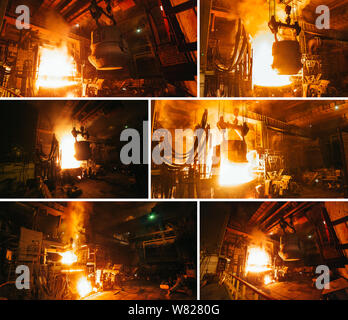 Collage of steel production in electric furnaces. Stock Photo