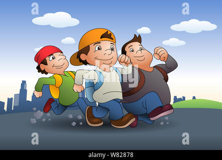 illustration of a three boy traveling together on city background Stock Photo