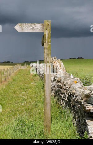 An old weathered wooden direction sign in sunlight with dark rain clouds in the background on the permissive access coastal path at Ballykinler. Stock Photo