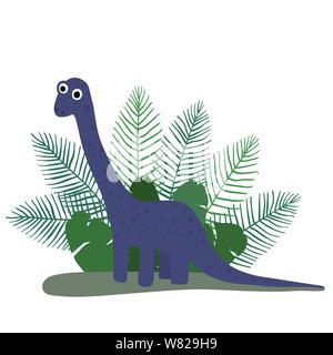 Cute, cartoon dinosaur brachiosaurus on the background of bushes of tropical palm leaves. Vector illustration Stock Vector