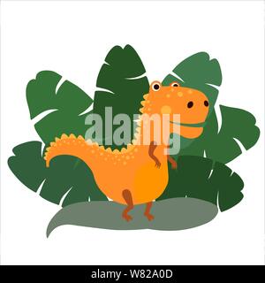 Cute, cartoon dinosaur tyrannosaur on the background of bushes of tropical palm leaves. Vector illustration Stock Vector