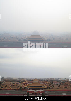 This composite photo shows the Palace Museum, also known as the Forbidden City and the National Centre for the Performing Arts in Beijing, China, in h Stock Photo