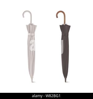 Vector 3d Realistic Render White and Black Blank Umbrella Icon Set Closeup Isolated on White Background. Design Template of Closed Parasols for Mock Stock Vector