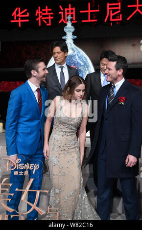 (From left) English actor Daniel Jonathan 'Dan' Stevens, British actress Emma Watson and Welsh actor Luke Evans attend a premiere event for their new Stock Photo