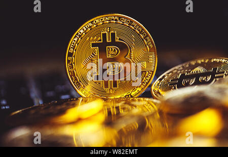 Bitcoin coins on laptop keyboard. Cryptocurrency concept. Stock Photo