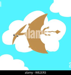 Cute, cartoon dinosaur pterosaur on the background of bushes of tropical palm leaves. Vector illustration Stock Vector