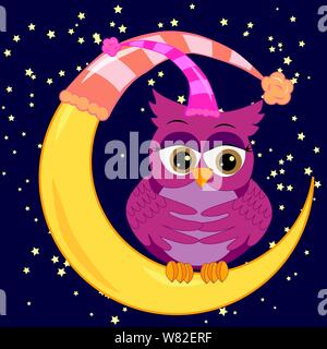 A sweet cartoon pink owl in a sleeping cap relaxes sitting on a sleeping sickle of the moon among a dark night sky and stars Stock Vector