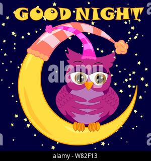 A sweet cartoon pink owl in a sleeping cap relaxes sitting on a sleeping sickle of the moon among a dark night sky and stars Stock Vector