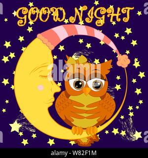 A sweet cartoon pink owl in a sleeping cap relaxes sitting on a sleeping sickle of the moon among a dark night sky and stars Stock Vector