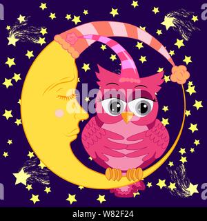 A sweet cartoon pink owl in a sleeping cap relaxes sitting on a sleeping sickle of the moon among a dark night sky and stars Stock Vector