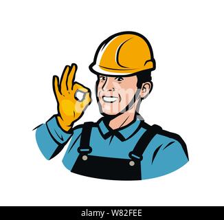 Builder or worker in construction helmet. Repair, fix, industry logo. Vector illustration Stock Vector