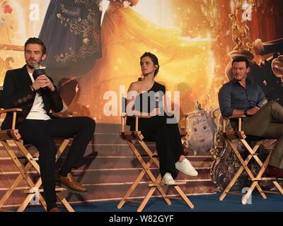 (From left) English actor Daniel Jonathan 'Dan' Stevens, British actress Emma Watson and Welsh actor Luke Evans attend a press conference for their ne Stock Photo