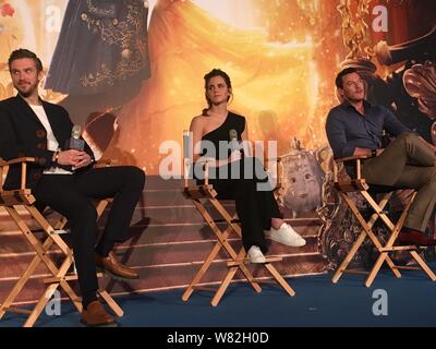 (From left) English actor Daniel Jonathan 'Dan' Stevens, British actress Emma Watson and Welsh actor Luke Evans attend a press conference for their ne Stock Photo