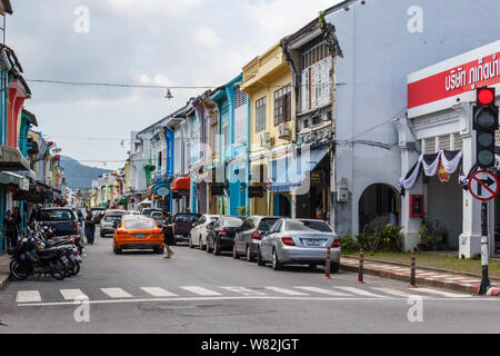 Phuket, Thailand - November 2nd 2016: Looking down Thalang Road. This is the heart of the Old Town area. Stock Photo